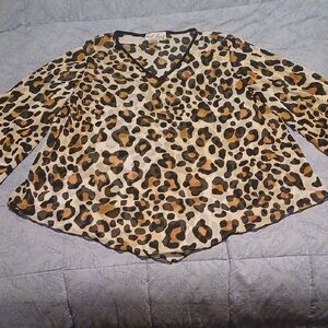 Carolyn Strauss Leopard Print V-Neck Women's Sheer Top 3/4 Sleeve Size 2X Petite